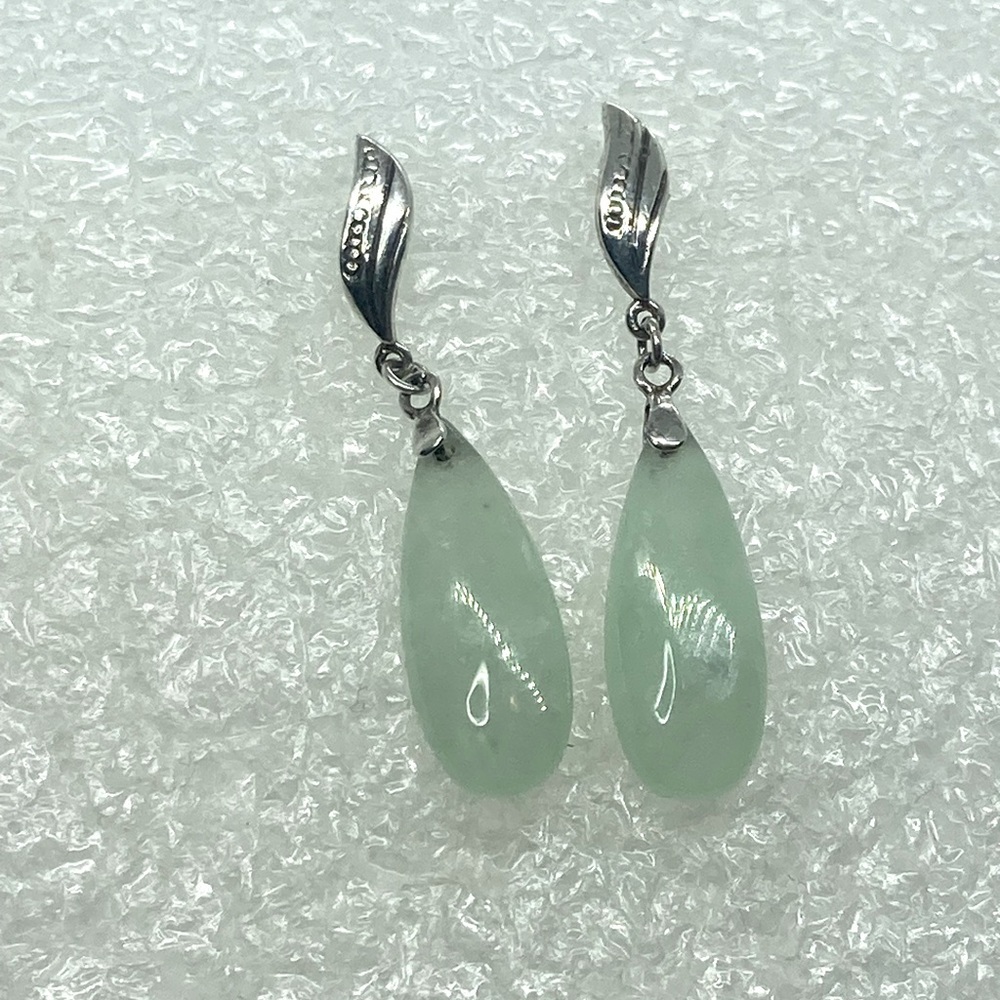 Vtg Sterling Silver & Jade Stone Art Deco Style Dangle Stud Earrings | 1.4” L